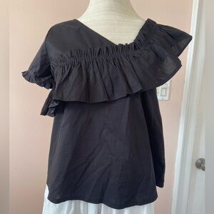 Black Cotton Ruffled Asymmetrical Top